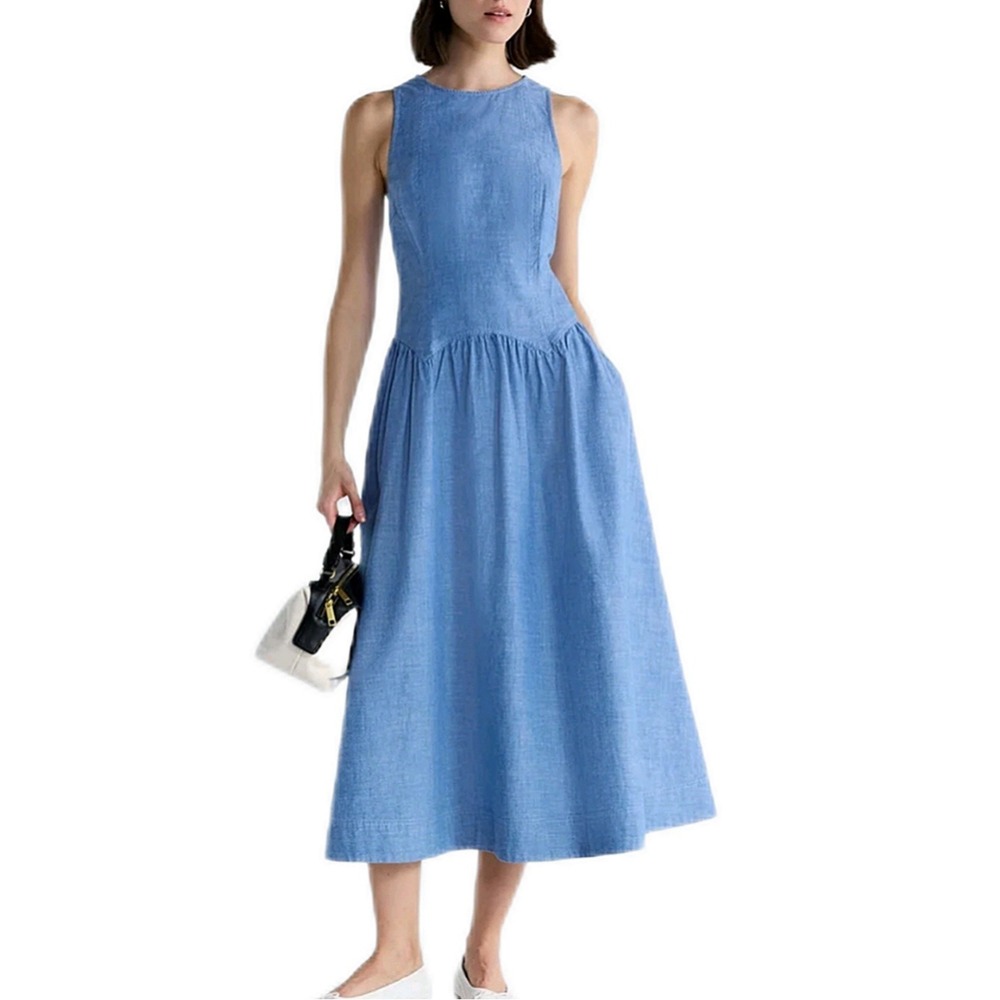 Free Assembly Denim Midi Dress Women XL Drop Waist Chambray Cottagecore Boho